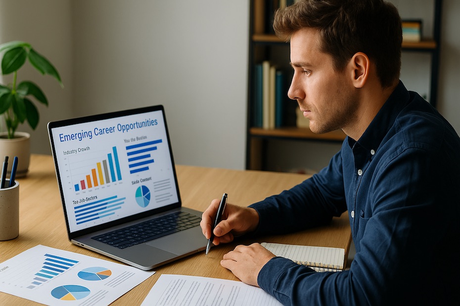 A young professional mapping career paths using a laptop