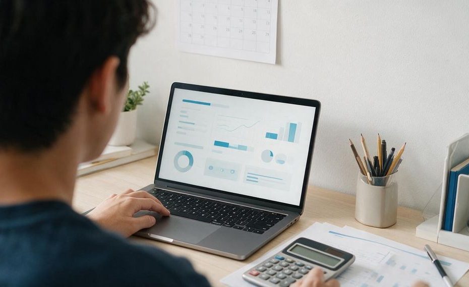 College student reviewing a budget spreadsheet beside a calendar and calculator