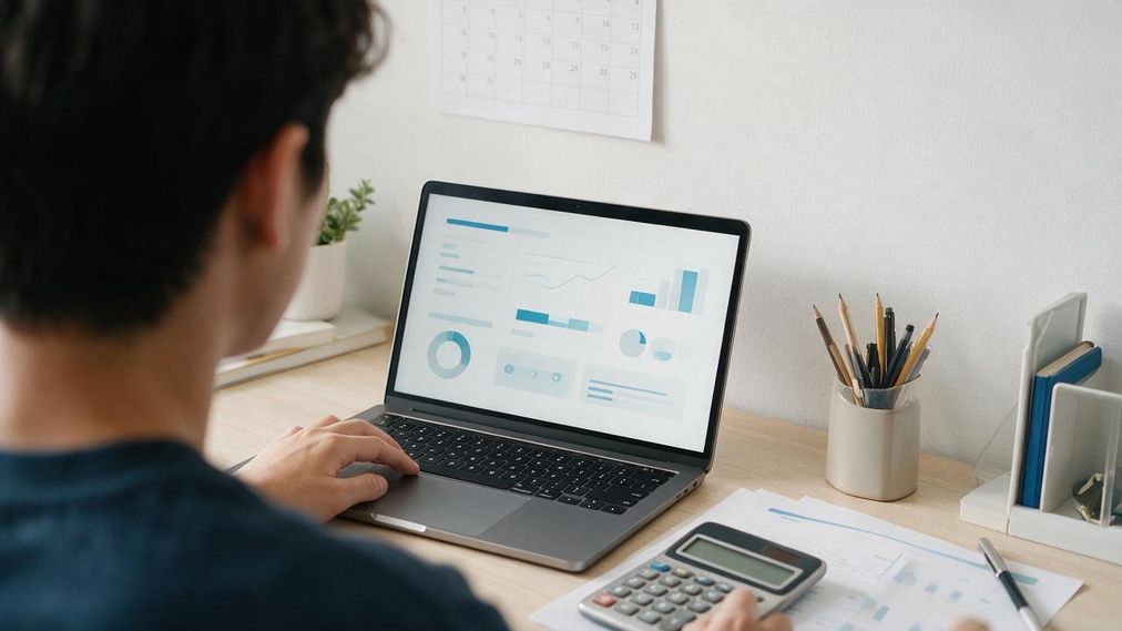 College student reviewing a budget spreadsheet beside a calendar and calculator